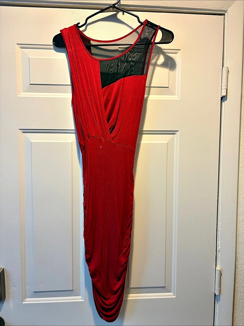 Maude Ruched Mesh Maxi Dress in Red small